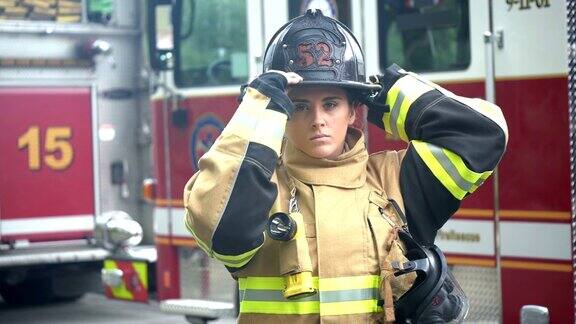 女消防员穿着消防服戴着头盔