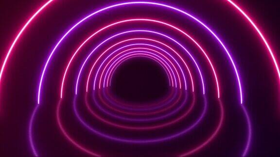 霓虹圈隧道霓虹灯粉色和紫色的霓虹圈颜色霓虹灯圈与地板反射虚拟现实