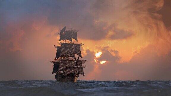 海上航行的海盗船3D渲染