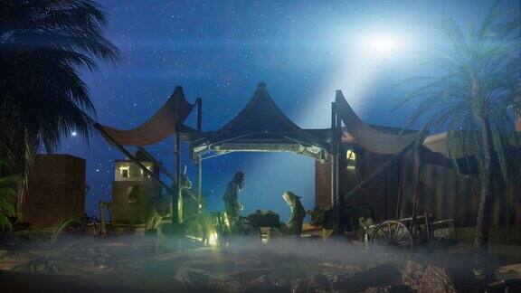 耶稣的诞生-场景与神圣家庭与彗星3d渲染无缝4K循环视频动画