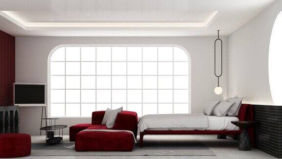 红色内饰艺术简约风格的起居餐厅卧室在大理石瓷砖地板和拱形走道上使用红色材料和深灰色布料使用大型Windows3d渲染动画循环