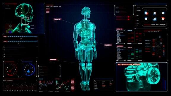 可旋转的半透明3D机器人机体x射线扫描数字化界面