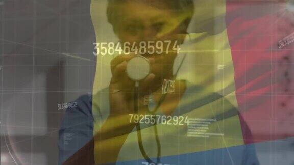 罗马尼亚国旗与统计和女医生手持听诊器的动画