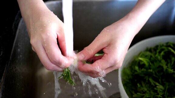女人在厨房水槽中用自来水洗菜的慢动作