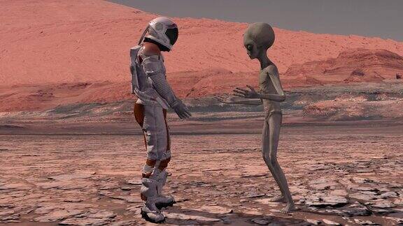 宇航员在火星上遇见了一个火星人第一次接触外星人在火星上火星探索任务殖民和空间探索概念3d渲染这段视频由美国宇航局提供