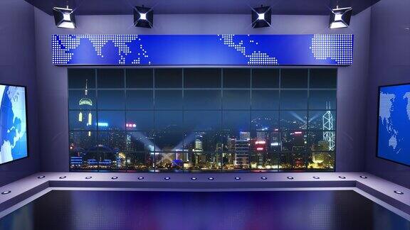 3d虚拟新闻工作室与夜间城市背景和泛光灯环