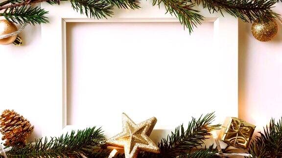 相框照片松枝灯和圣诞节装饰新年和圣诞节背景