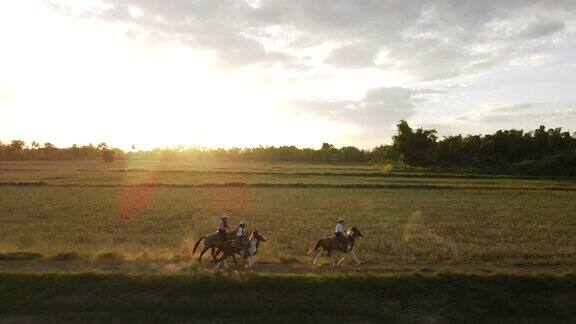 牛仔在草地上骑马奔跑的鸟瞰图