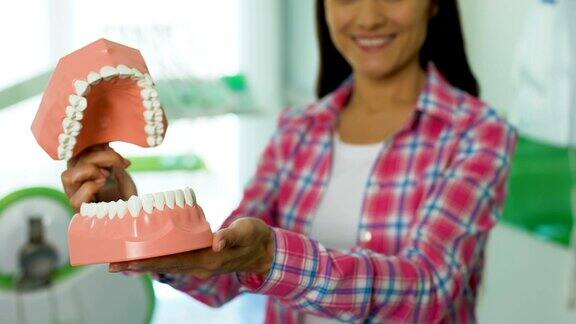 友好的女人显示颌三维模型牙科保健口腔卫生