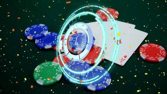动画的范围扫描和纸屑在扑克牌和赌场赌博筹码