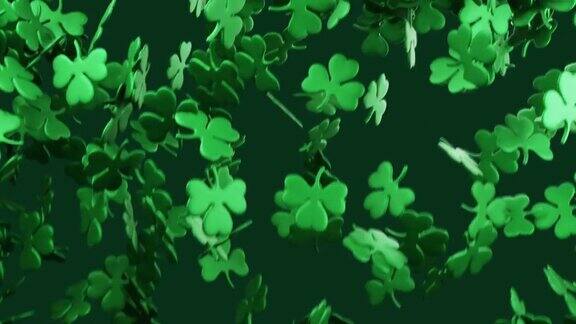 为圣帕特里克节掉落的绿色三叶草叶子的3d渲染动画
