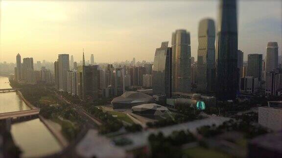 日落时分广州市中心歌剧院航拍全景倾斜4k中国