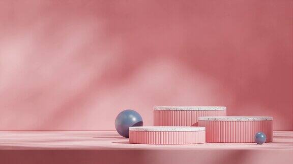 无缝循环阴影动画与蓝色的球和粉红色的墙3d渲染镜头空白的白色大理石和粉红色的讲台模型