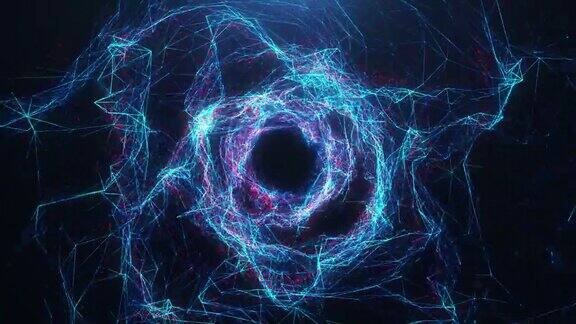 抽象运动数字虫洞隧道组成的蓝色和红色闪闪发光的粒子和线穿越数字网络的美丽蓝色和红色粒子无缝可循环3D4K动画