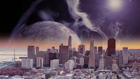在未来世界中行星在城市上冉冉升起