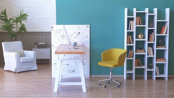 现代客厅蓝色壁纸装饰木质调色板书架冲浪板风格扶手椅金色灯和绿色植物风格