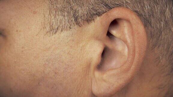 人的左耳宏观极端近距离观察男性耳朵概念音响音乐健全健康人耳