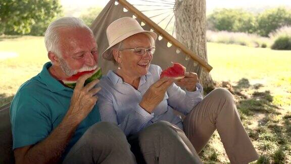 快乐的老夫妻在吊床上边吃西瓜边聊天