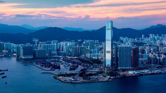 香港九龙黄昏城市景观航拍