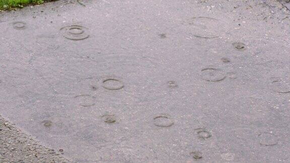 下雨的天气雨滴落在沥青上形成一个水坑