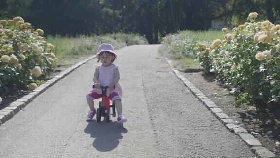 蹒跚学步的小女孩在夏季森林公园玩自行车