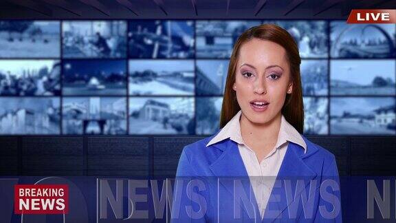 电视演播室里穿着蓝色套装的4K女新闻播音员