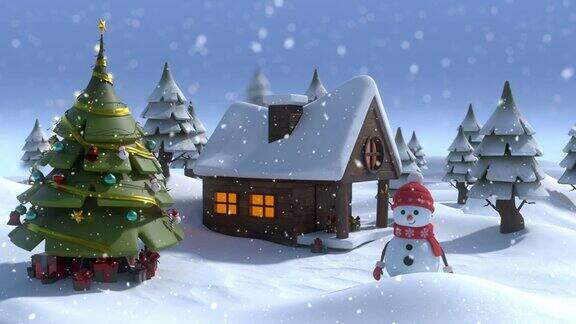 动画的雪落在微笑的雪人和圣诞树在冬天的风景4k股票视频