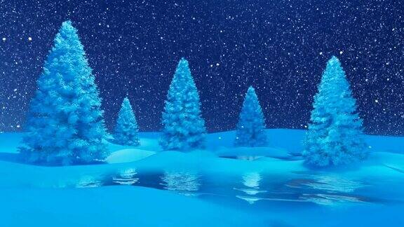 冬夜景观与冷杉在下雪
