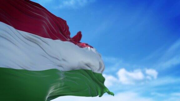 匈牙利国旗在4K分辨率的蓝天下缓缓飘扬