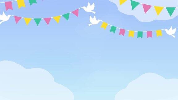 背景动画视频蓝天和鸟儿叼着节日的花环飞翔可循环的