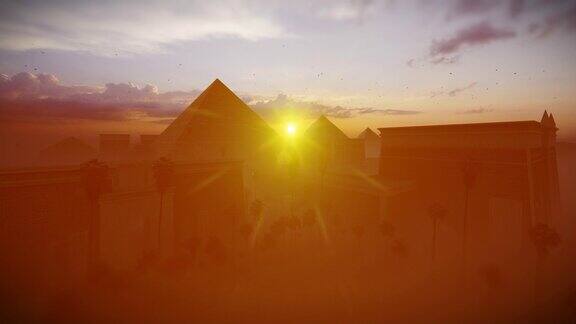 伟大的胡夫、门卡雷和哈夫拉吉萨金字塔映衬着神奇的日落埃及开罗4K