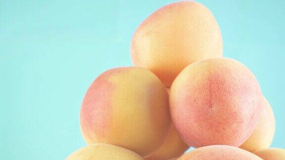 桃子的收成很多桃子成熟的有机杏子果实浅孤立的蓝色背景