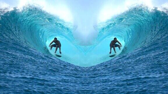 慢镜头:两个冲浪者骑在漂亮的管桶状波浪上形状像一颗心