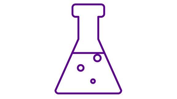 带有液体的动画紫色烧杯分析的象征化学实验研究科学毛圈的视频白色背景上的线性矢量插图