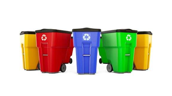许多彩色塑料垃圾桶都有回收标志孤立在白色背景上钉在圆圈上