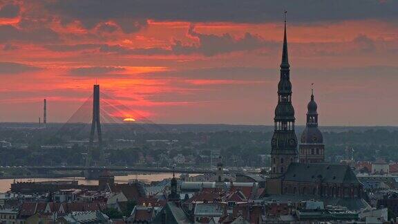 拉脱维亚里加的日落城市景观