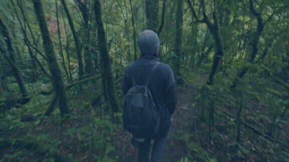 一个女人独自在雨林中旅行