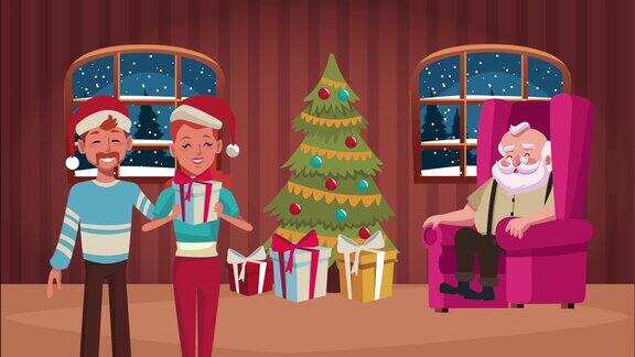 快乐圣诞动画与父母夫妇和圣诞老人坐在沙发上