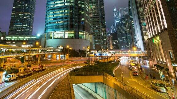 时间流逝香港市中心的现代建筑夜景