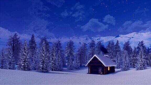 冬夜雪山上孤零零的小木屋