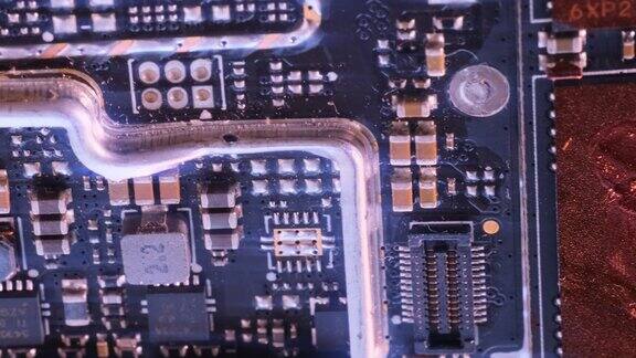 微芯片背景跟踪镜头电路板表面极近距离