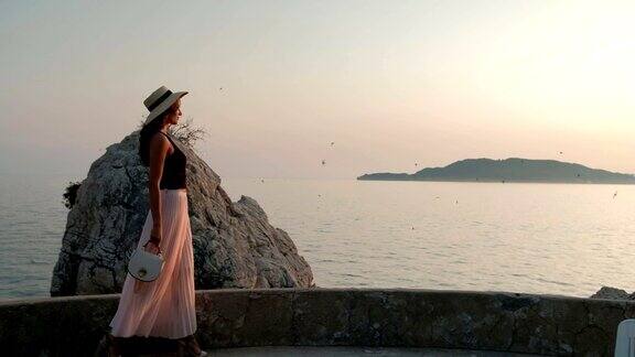 美丽的褐发女子走在海边散步在鸟的背景