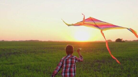 小男孩在草坪玩彩虹风筝