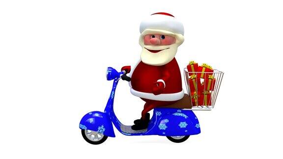 3D圣诞老人动画在滑板车上与礼物阿尔法通道