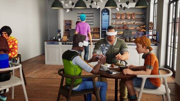 人们化身在虚拟现实的元世界咖啡店相遇三维渲染