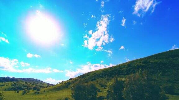 全高清FHD山草地在夏季的时间流逝云、树、绿草和阳光的运动