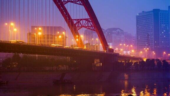 夜光照亮武汉城著名的青川大桥滨江湾全景4k时间流逝中国