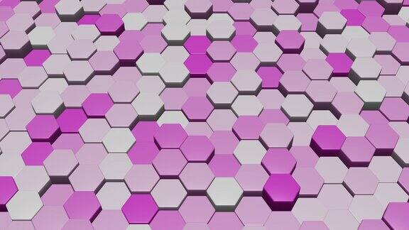背景紫色和白色抽象六边形移动在不同的方向3d渲染移动网格的六边形与光和阴影几何曲面环