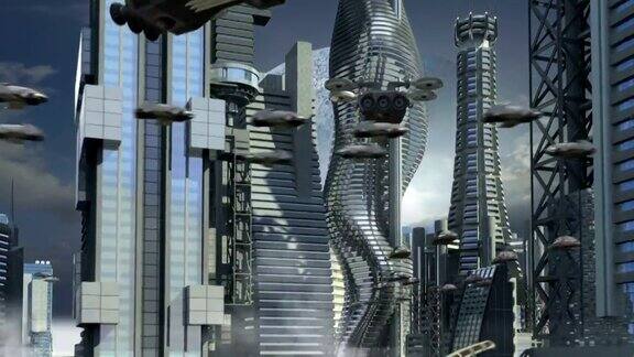 未来城市有摩天大楼和直升飞机未来科技
