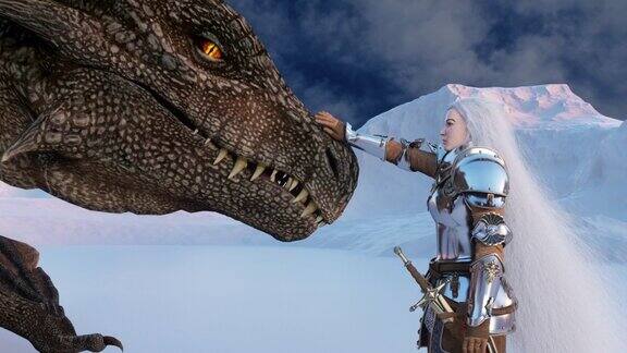 满头白发的女战士骑士在雪山的背景下抚摸着龙幻想作品的场景CGI动画三维渲染
